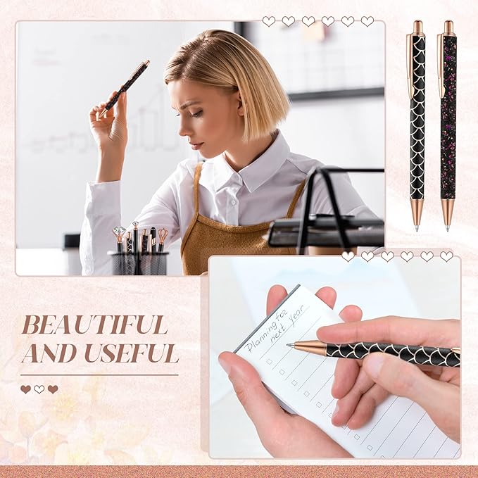 6 Pcs Ballpoint Pens Set Metal Crystal Diamond Pen for Journaling Glitter Pretty Cute Stationery Black Ink Fancy Gifts for Women Girls Teacher Office Wedding School Supplies(Black)