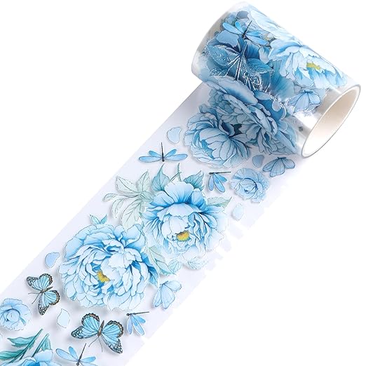 PET Tape Stickers for Journaling - Blue Flower Junk Journal Supplies Scrapbooking Tapes, Aesthetic Peony Flower Bullet Scrapbook Journal Stickers Tape, Decorative Tapes for Art Crafts