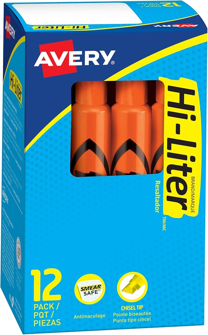AVERY Hi-Liter Desk-Style Highlighters, Smear Safe Ink, Chisel Tip, 12 Fluorescent Orange Highlighters (24050)