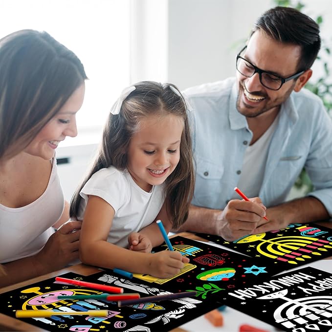 Zhanmai 48 Pcs Color Your Own Fuzzy Hanukkah Posters Happy Hanukkah Fuzzy Velvet Coloring Posters DIY Felt Craft Coloring Posters Crafts for Chanukah Home Holiday Party Activities