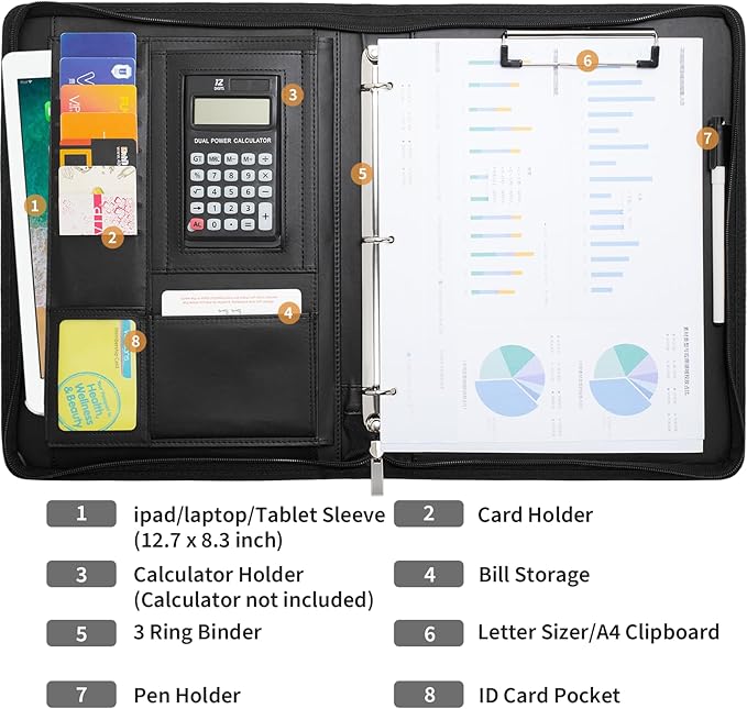 Portfolio Binder - 3 Ring Padfolio with Zipper, PU Business Portfolio Card Holder Tablet Sleeve A4 Writing Pad Clipboard, Meeting Document Organizer for Men Women