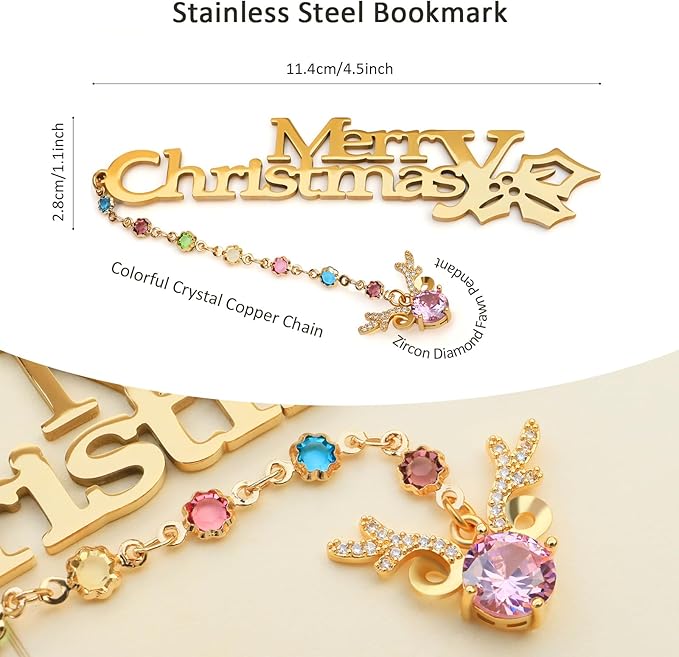 Metal Bookmark Cute Book Accessories Gifts for Women Teacher Readers Book Lovers for Christmas Mother's Day (Merry Christmas Gold)