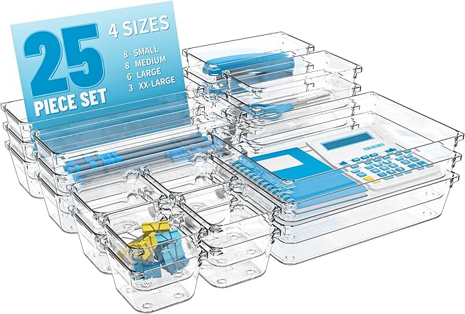 25 pc Clear Plastic Drawer Organizer Set,4 Size Small Storage Containers for Organizing Jewelry,Utensil,Junk,Tea,Makeup,Shallow Drawer Organizers Tray Suitable for Office,Desk,Bathroom,Vanity,Kitchen