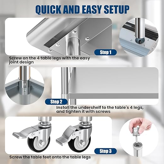 Stainless Steel Table 30 x 48 Inches Metal Prep Table with Backsplash & Adjustable Undershelf, Stainless Table for Commercial Kitchen, Outdoor, Restaurant, Hotel & Garage