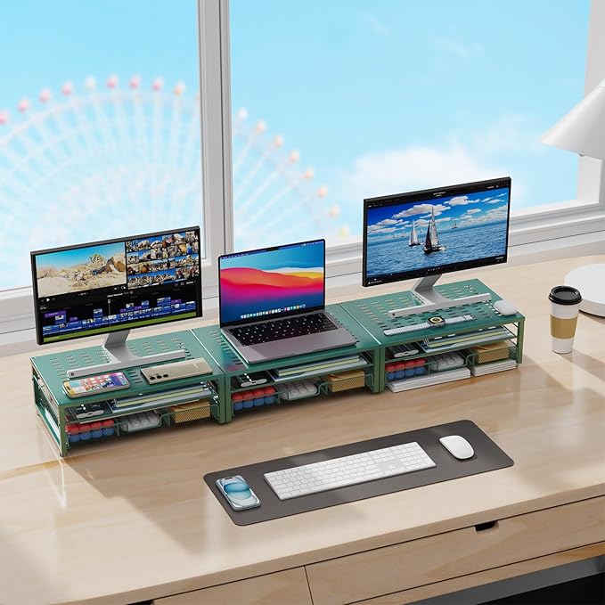 gianotter Computer Monitor Stand Riser, office organizer with Drawer, Office Organizers Storage for Classroom Office Supplies (Dark Green)