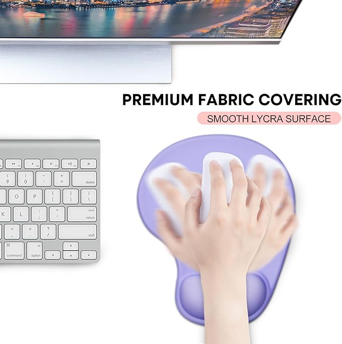 JIKIOU Mouse Pad, 2 Pack Ergonomic Mouse Pads with Comfortable Gel Wrist Rest Support and Lycra Cloth, Non-Slip PU Base for Easy Typing Pain Relief Durable and Easy to Clean Small Purple