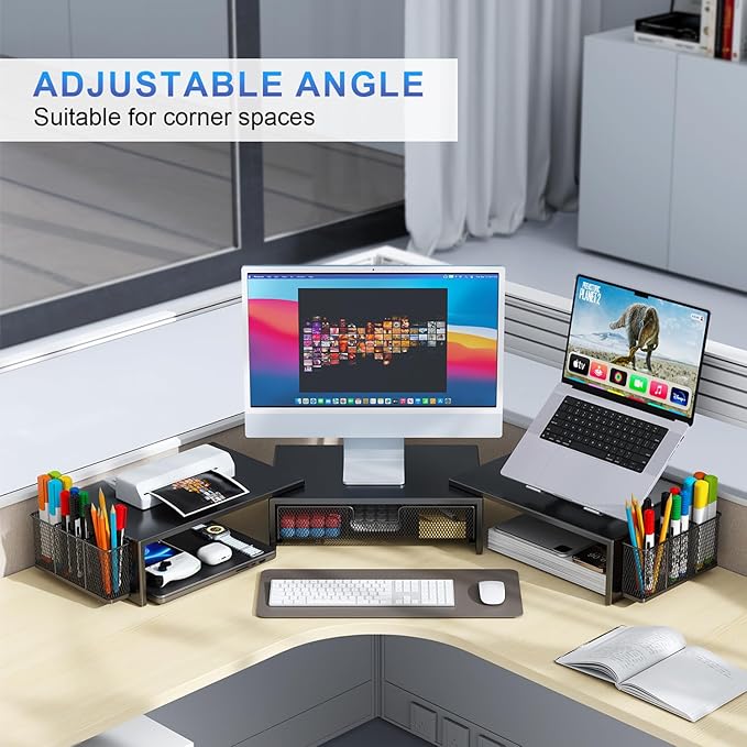 gianotter Dual Monitor Stand Riser, Desk Organizer With Drawer and 2 Pen Holders, Computer Monitor Stand, Desk Shelf for Top of Desk, Balck