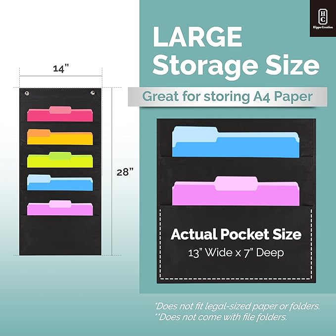 Hippo Creation Heavy Duty Storage Pocket Chart for Classroom, 5 Pocket Storage Organizer with 2 Over-Door Hangers, Hanging Wall Organizer for File Folders, School Mailbox, Home Office Papers - Black
