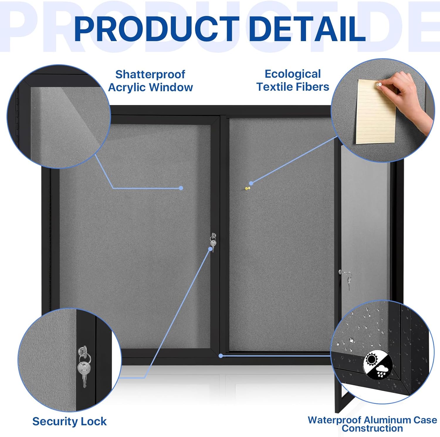 SWANCROWN Enclosed Bulletin Board 48x36in, Outdoor Bulletin Board Weatherproof for Office School Commerce, Grey Felt, Black Aluminum Frame