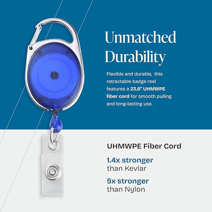 Will Well ID Badge Holders with Clip and Keyring - Horizontal Clear Plastic 3.7" x 2.5" Sleeves Fit Up to 3 Cards - Retractable 24" UHMWPE Fiber Pull Cords - 2-Pack, Transparent Blue Reels