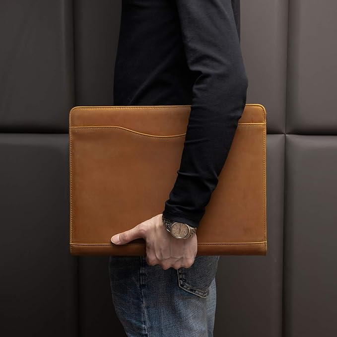 YIWEN Handmade Crazy-Horse Leather 3 Ring Binder Portfolio Padfolio Folder with Zipper for Men and Women, Business Organizer for Letter A4 Size for Meeting and Travel (Custom Engraved, Brown)