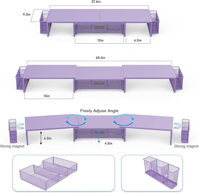 gianotter Dual Monitor Stand Riser, Desk Organizer With Drawer and 2 Pen Holders, Desk Organizers and Accessories, Purple Office Decor (Purple)