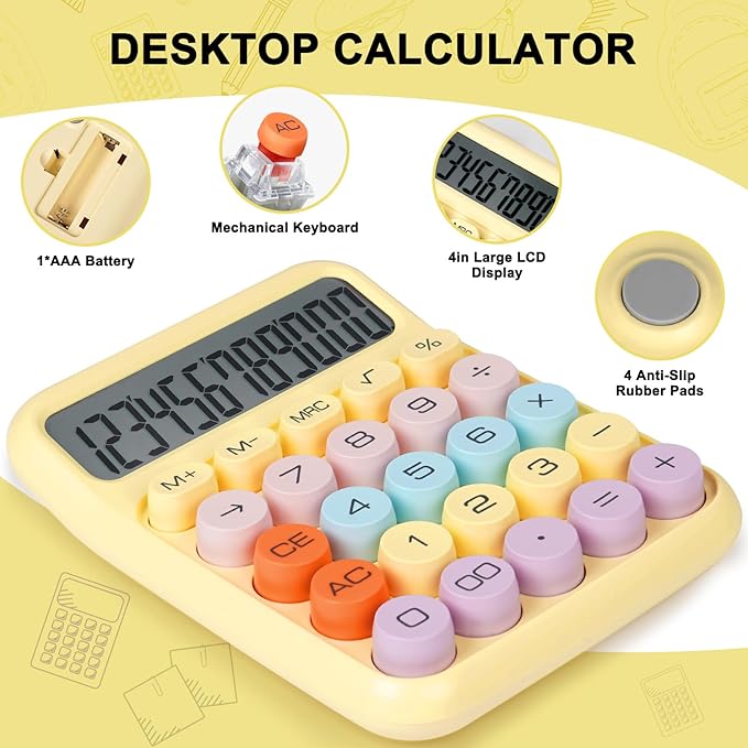 Mechanical Switch Calculator with Big Buttons, Calculators Desktop, 12 Digits, Large LCD Display, Desk Calculator, Cute Pink Calculator for Teachers Students Basic Office (Yellow)