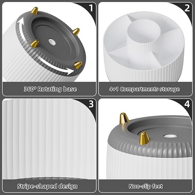 Marbrasse Desk Organizer, 360-Degree Rotating Pen Holder for Desk, Desk Organizers and Accessories with 5 Compartments Pencil Organizer, Art Supply Storage Box Caddy for Office, Home (White+Grey)