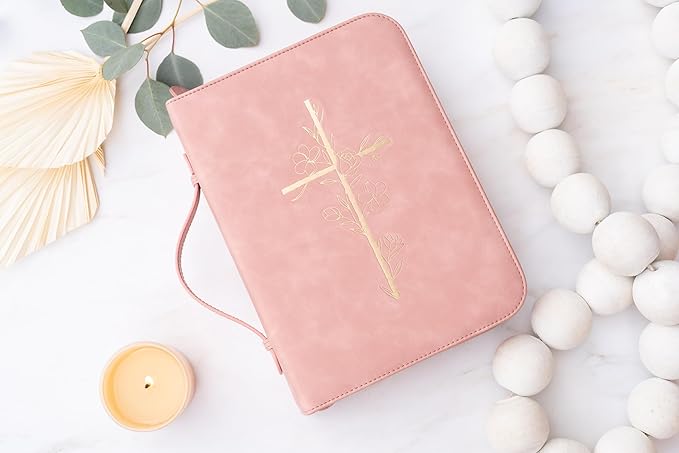 Pink Bible Cover Case for Women - PU Leather Bible Covers for Women - Pink Bible Case for Girls - Minimalist Design Debossed Bible Case, Large Bible Covers for Women – Bible Accessories (Pink/Gold)