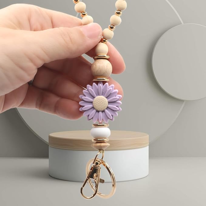 Wooden Teacher Lanyards for Id Badge Cute Flower Wood and Gold Beaded Lanyards for Women for Nurse Badge