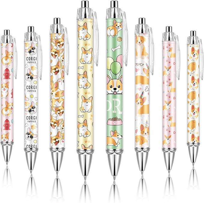 Ireer 8 Pcs Ballpoint Pens for Women 1.00 mm Cute Black Ink Fancy Pens Fine Point Smooth Writing for Journaling Aesthetic Office Supplies(Corgi)