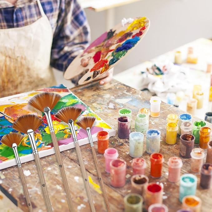 Prasacco 5 Pieces Fan Brush for Painting, Oil Acrylic Paint Brushes Artist Fan Brushes Nylon Hair Long Wood Handle Painting Brush for Acrylic Watercolor Oil Gouche Painting (2/4/6/8/10#)