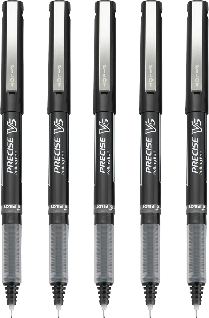 Pilot, Precise V5, Capped Liquid Ink Rolling Ball Pens, Extra Fine Point 0.5 mm, Black, Pack of 5