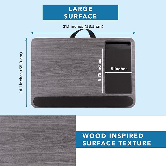 LAPGEAR Home Office Pro Lap Desk with Wrist Rest, Mouse Pad, and Phone Holder - Gray Woodgrain - Fits up to 15.6 Inch Laptops - Style No. 91595