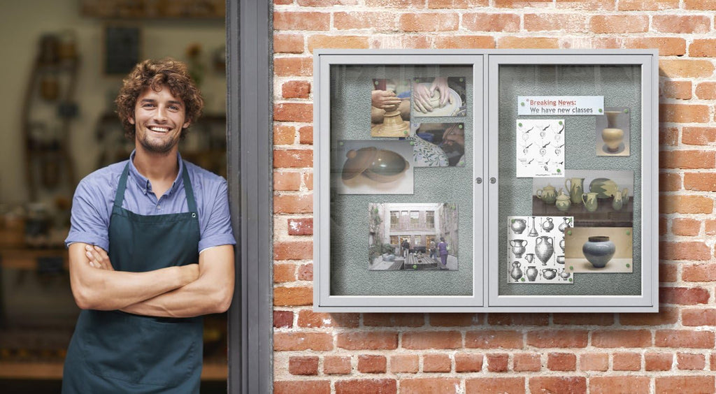 Ghent 36"x48" 2-Door Outdoor Enclosed Vinyl Bulletin Board, Shatter Resistant, with Lock, Satin Aluminum Frame - Caramel (PA23648VX-181), Made in the USA