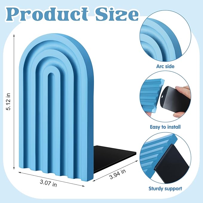 Harloon 4 Pieces Boho Arch Wood Bookends Rainbow Arch Back to School Gift Ideas Non Skid Bookend Decorative Wooden Book Stand Book Stoppers for Books Movies CDs (Denim Blue Color)