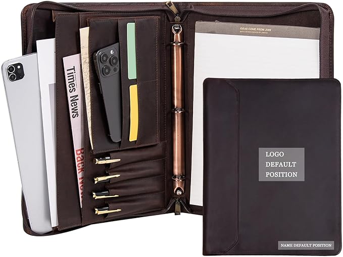 Padfolio Binder- A4 Letter Size 3-Ring Binder, Leather Portfolio Folder Organizer Deep Brown Crazy Horse Leather with Free Name Engraving. Includes Business Card Holder and Letter-Sized Writing Pad.