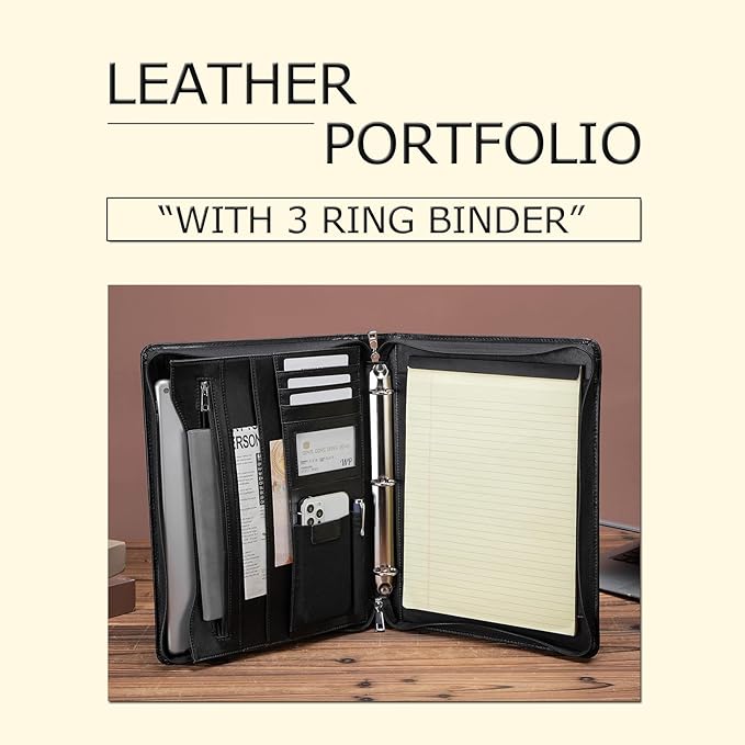 Personalized Leather Portfolio with 3 Ring Binder, Vegan Leather Padfolio Zippered, A4 Notebook Holder Customized Business Folder Organizer Gift for Men and Women, Black