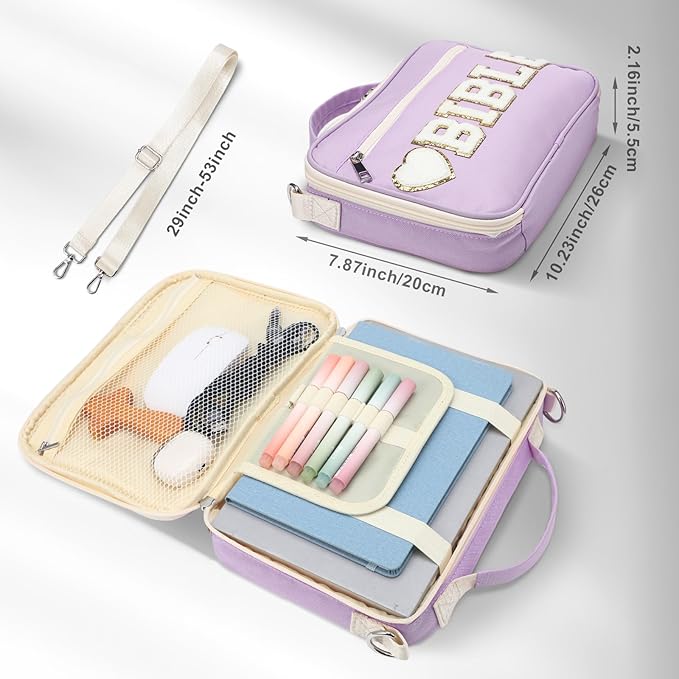 Silkfly Large Chenille Letter Bible Cover for Women Preppy Patch Bible Case Church Bible Bag with Handle(Purple)