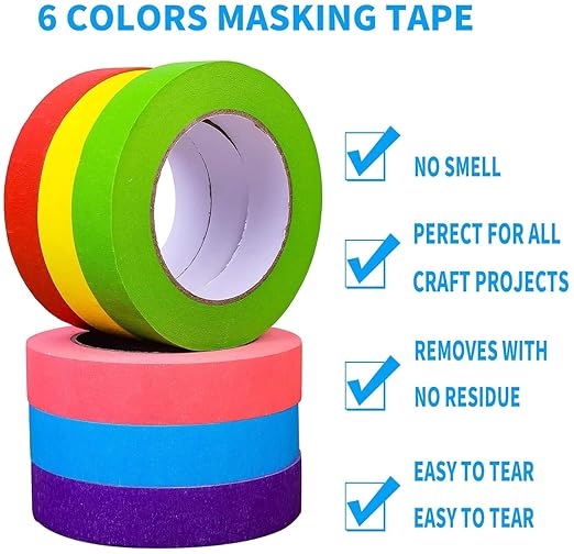 Colorful Masking Tape, Decorative Colored DIY Tape for Arts & Crafts, Labeling or Coding - 6 Different Color Rolls, 1 Inch x 55 Yards