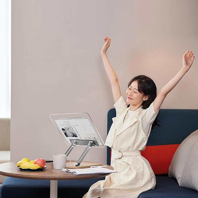 Adjustable Acrylic Book Stand for Reading, UPERGO Book Holder with Pen Slot, Foldable Desktop Riser for Laptop, Recipe, Textbook - Hands-Free,Cookbook Stand, Clear Design with Page Clips