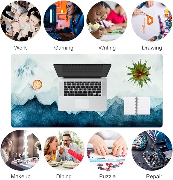 QIYI Desk Pad Large Keyboard and Mouse Pad for Laptop Computer, PU Leather Desk Cover Protector, Desk Décor Accessories for Office Home Work Writing Gaming 31.5" x 15.7" - Watercolor Mountain