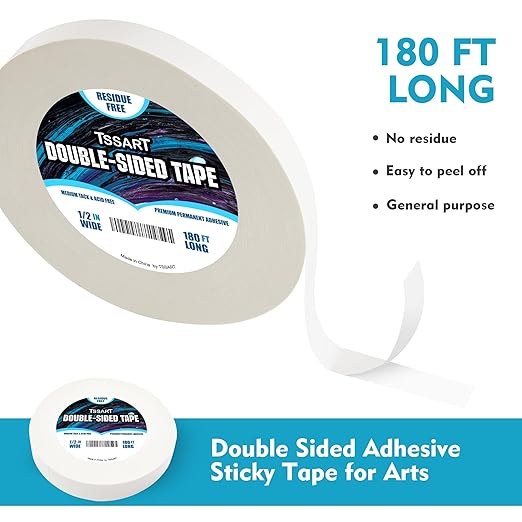Ultra-Thin Permanent Double-Sided Tape - Double Sided Adhesive Sticky Tape for Arts, Crafts, Photography, Scrapbooking, Tear-by-Hand, Paper Backing - Acid Free 1/2Inch Wide 180FT Long