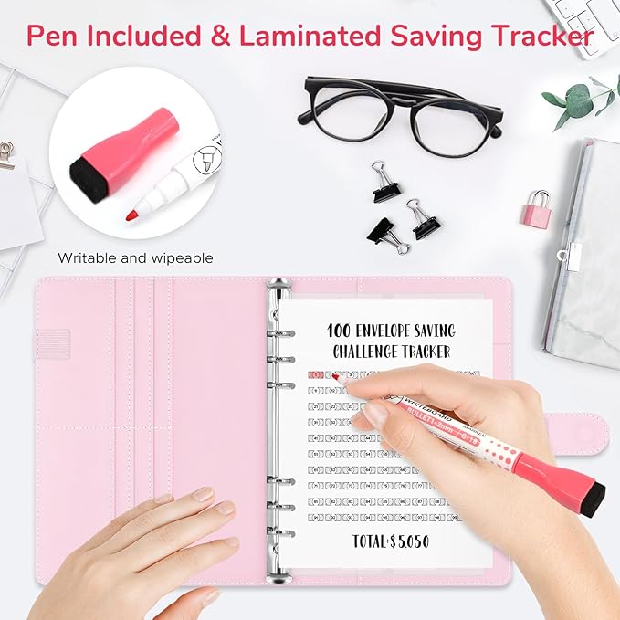 100 Envelopes Challenge Binder, A5 Money Saving Budget Binder with Upgraded Cash Envelopes & Pen, Budget Savings Challenge Book to Save $5,050, 3 Reusable Laminated Saving Challenge Tracker Included