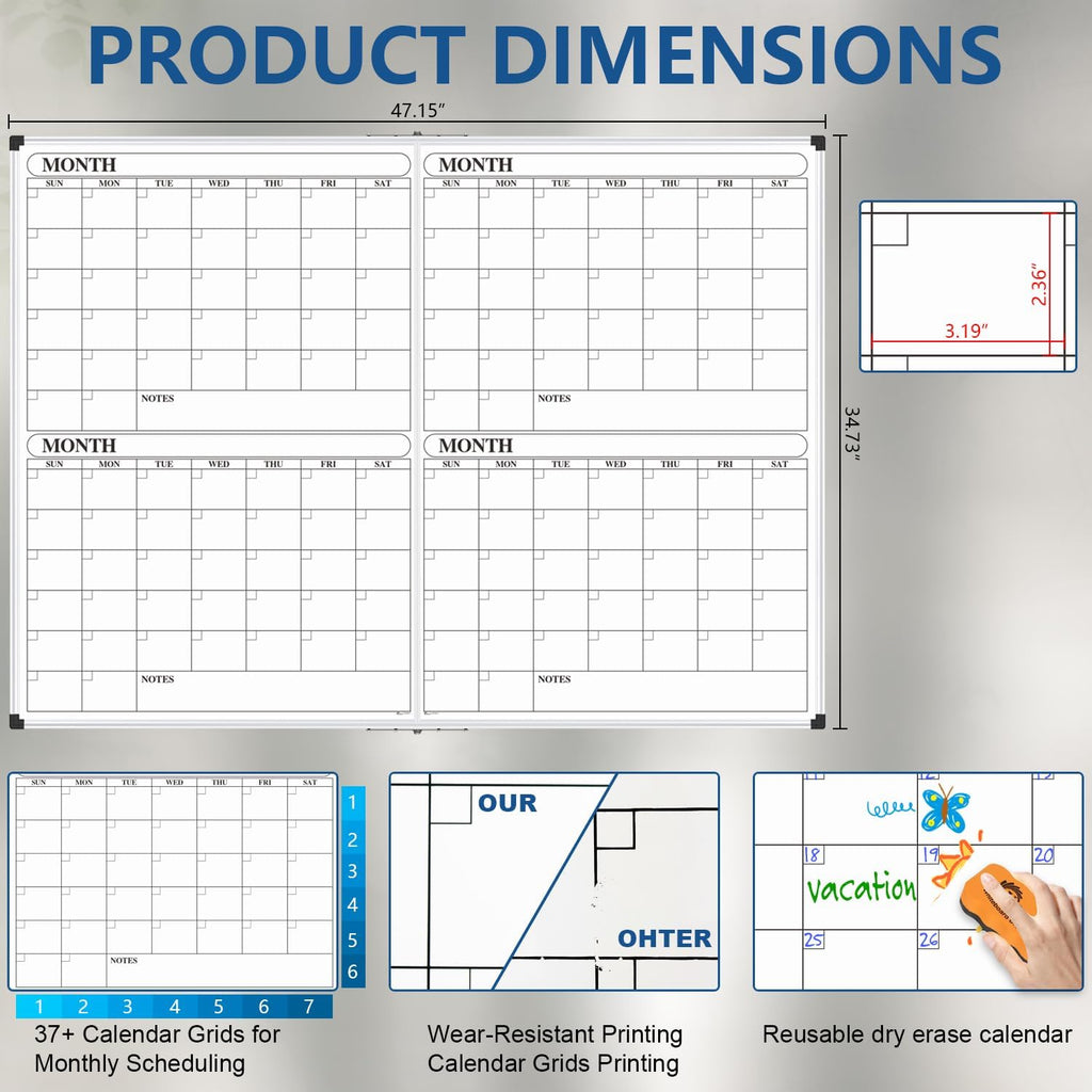 XBoard Magnetic Calendar Whiteboard 48x36 inch, 4 Month Foldable Dry Erase Board Planner, Silver Aluminium Framed White Board Calendar for Home School Office Organization