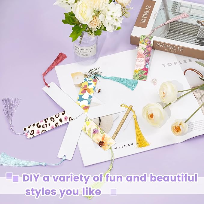 40Pcs Heat Transfer Sublimation Blank Metal Bookmark, Aluminum DIY Bookmarks with Colorful Tassels for Keychains Craft Projects Birthday Present Tags