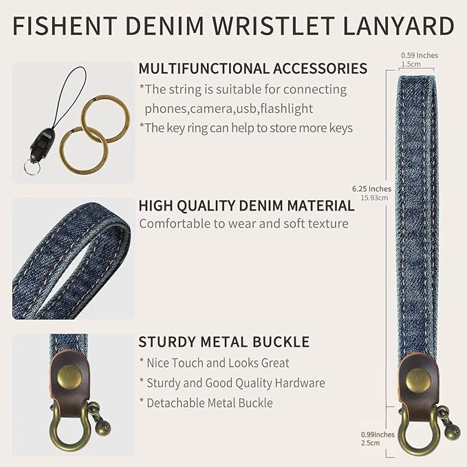 Fishent Denim Wristlet Keychain for Women Men, Cute Key Chain, Wrist Lanyards for Car Keys ID Badge Wallet Card Holder