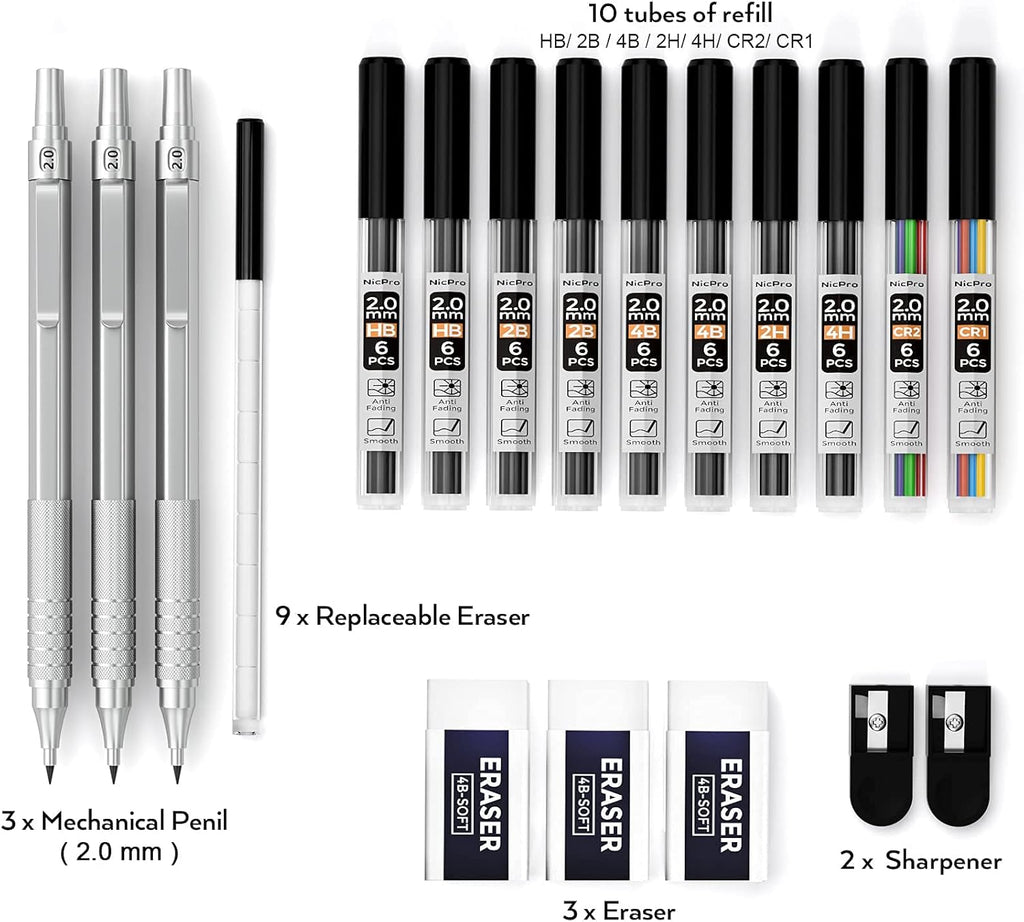 Nicpro Metal 2.0 Mechanical Pencil Set with Case, 3 PCS Drafting Lead Holder with 10 Tubes 2mm Graphite Lead Refill(HB 2H 4H 2B 4B) &Colors, Sharpeners, Erasers for Artist Writing, Drawing, Sketching