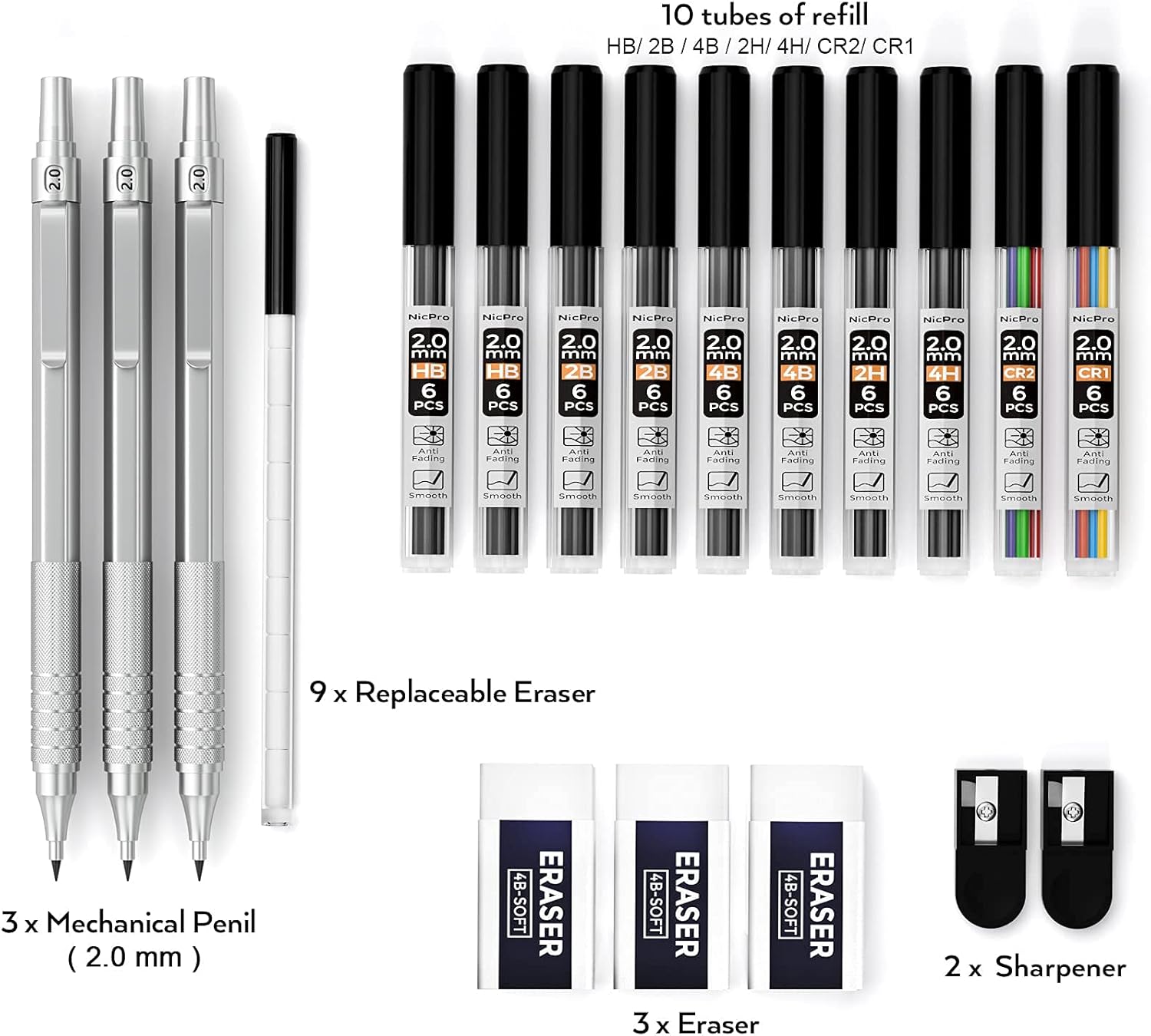 Nicpro Metal 2.0 Mechanical Pencil Set with Case, 3 PCS Drafting Lead Holder with 10 Tubes 2mm Graphite Lead Refill(HB 2H 4H 2B 4B) &Colors, Sharpeners, Erasers for Artist Writing, Drawing, Sketching