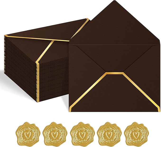 60 Pack Gold Envelopes 5x7 Bulk Taupe, 250G Pearled Cardstock A7 Envelopes for Invitations Business Mailing Envelope with Gold Foil Border, A6 4x6 Envelopes for Wedding Baby Shower Cards