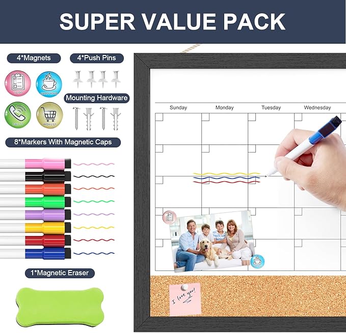 Dry Erase Calendar for Wall, 17"x13" Dry Erase Calendar Cork Board Combo, Magnetic White Board Monthly Calendar with Wood Framed, Hanging Dry Erase Board for Planner Office Kitchen Home Memo