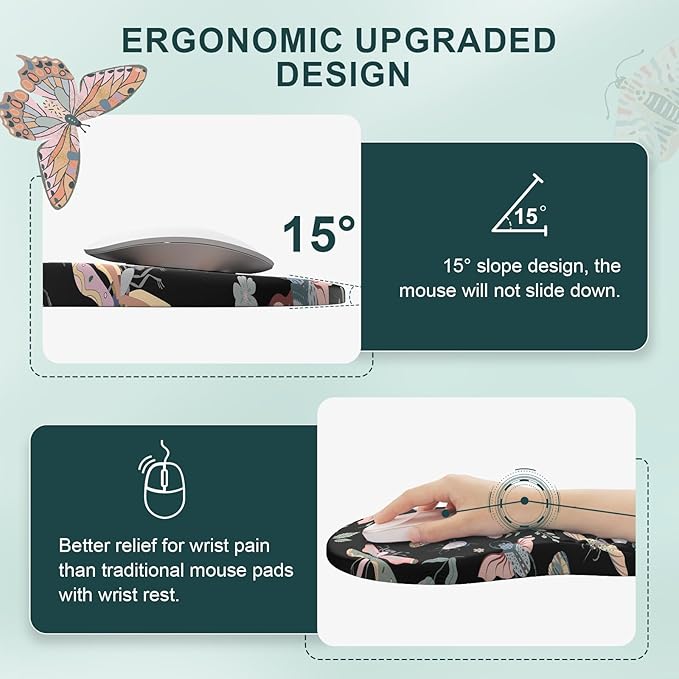 iLeadon Large Mouse Pad and Keyboard Wrist Rest,4in1 Desk Pad Set for Computer Keyboard,Long Floral Mouse Pad XXL+Cup Coaster with Non-Slip Base for Home Office,Black Insect