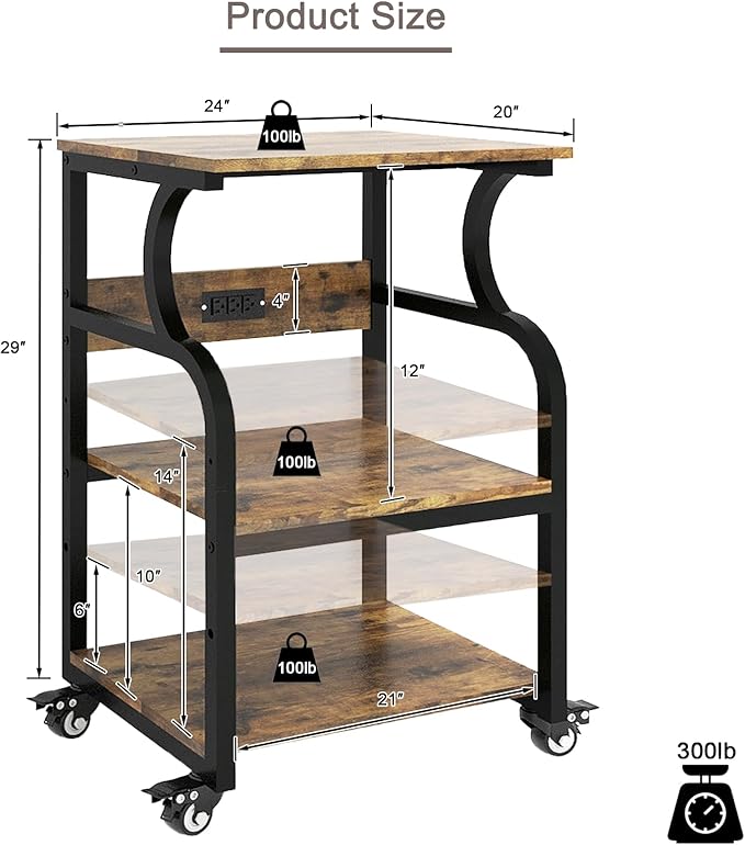 Natwind Large Printer Stand,24''x20''x29''Printer Table with Adjustable Storage Shelf,3 Tier Rolling Printer Cart with Wheels,Home Office Multifunctional Shelves for Heat Press,3D Printer (Retro)