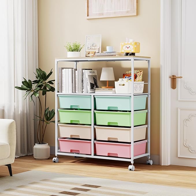 8 Drawers Rolling Storage Cart with Wooden Top, Multipurpose Utility Cart with Opening Shelf & Lockable Wheels, Storage Drawer Cart Organizer for Home Office Craft Room Classroom, Rainbow