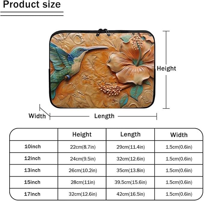 Hibiscus Hummingbird Printed Computer Case Bag for Girls Boys, Washable 10 Inch Laptop Bag Carrying Case Laptop Briefcase Neoprene with Zipper, Compatible with Various Computers, Pink