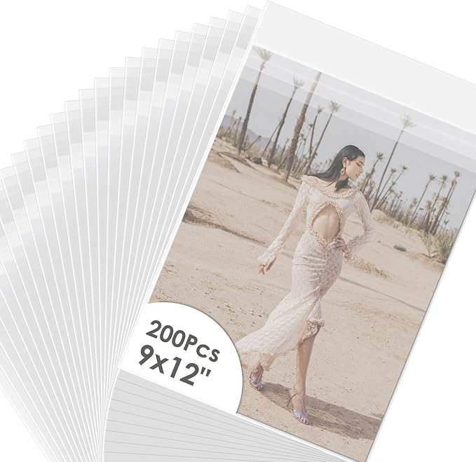AUEAR, 200 Pack (9-7/16" x 12-1/4") Crystal Clear Storage Bags - Acid-Free Plastic Sleeves for 9x12 Photos & Prints, A4, Letter Sized Documents