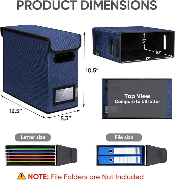 BALEINE File Organizer Box with Lid, Collapsible File Folder Organizer with Plastic Slide, Hanging File Folder Box for Office Document Storage (2 Pack, Blue, S)
