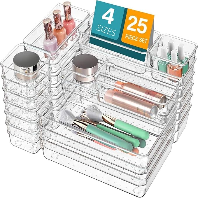 Drawer Organizer, Makeup Organizer, Desk Drawer Organizer, Acrylic Storage Bins for Makeup, Skincare, Jewelry, Office Supplies Used in Vanity, Kitchen, Bedroom, Bathroom, Office - 25pcs