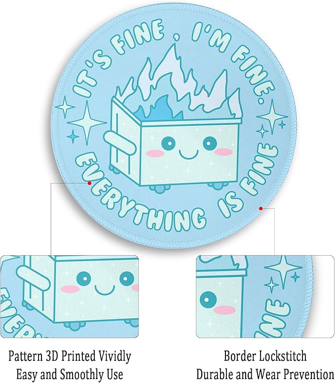 Gctriki Dumpster on Fire Mouse Pad, Cute Light Blue Round Mouse Pads for Desk, Funny Dumpster Mousepad for Laptop Gaming Stitched Edge Non-Slip Rubber Base, Cute Office Desk Accessories Decor