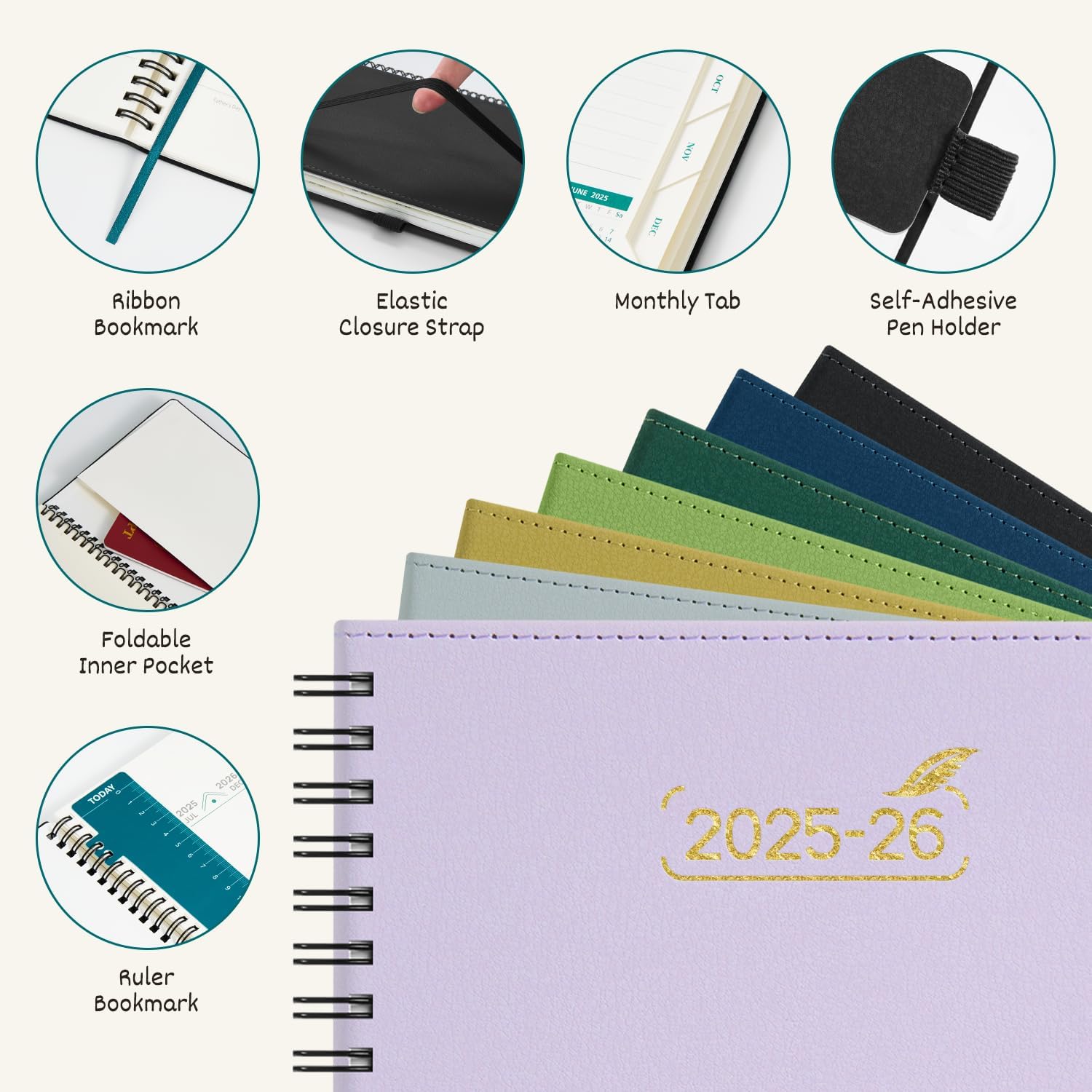 BEZEND Weekly Planner 2025-2026 with 2 Columns, 5.8" x 8.5" Academic Calendar 18 Months (Jul 25-Dec 26) Life Work Appointment Book with Monthly Tab, PU Leather Softcover Spiral - Mustard